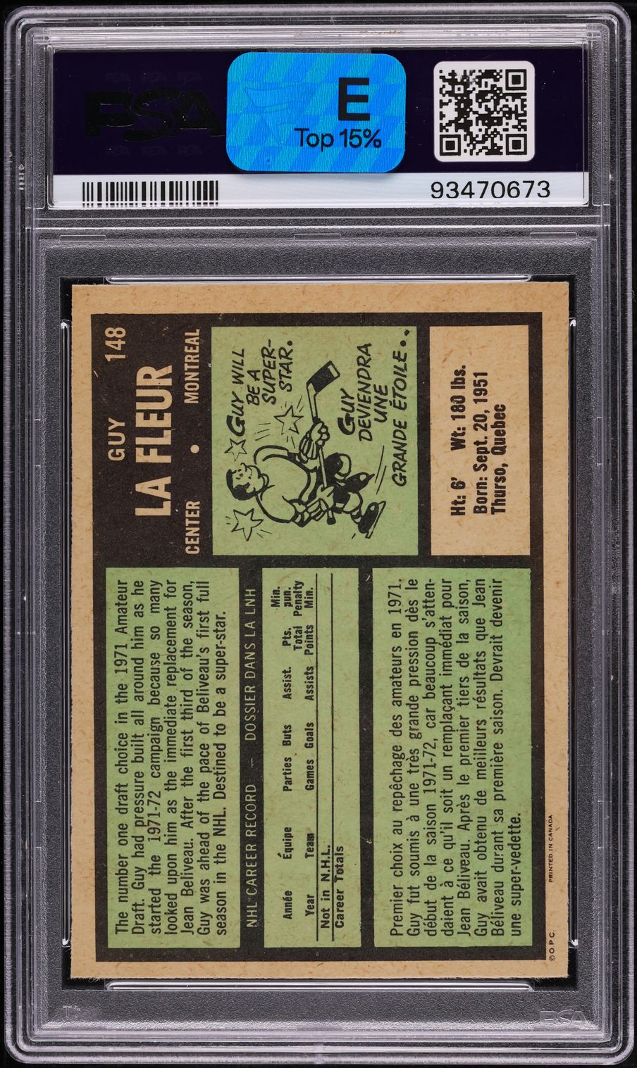 1971 O-Pee-Chee Hockey Guy LaFleur ROOKIE #148 PSA 7 NRMT