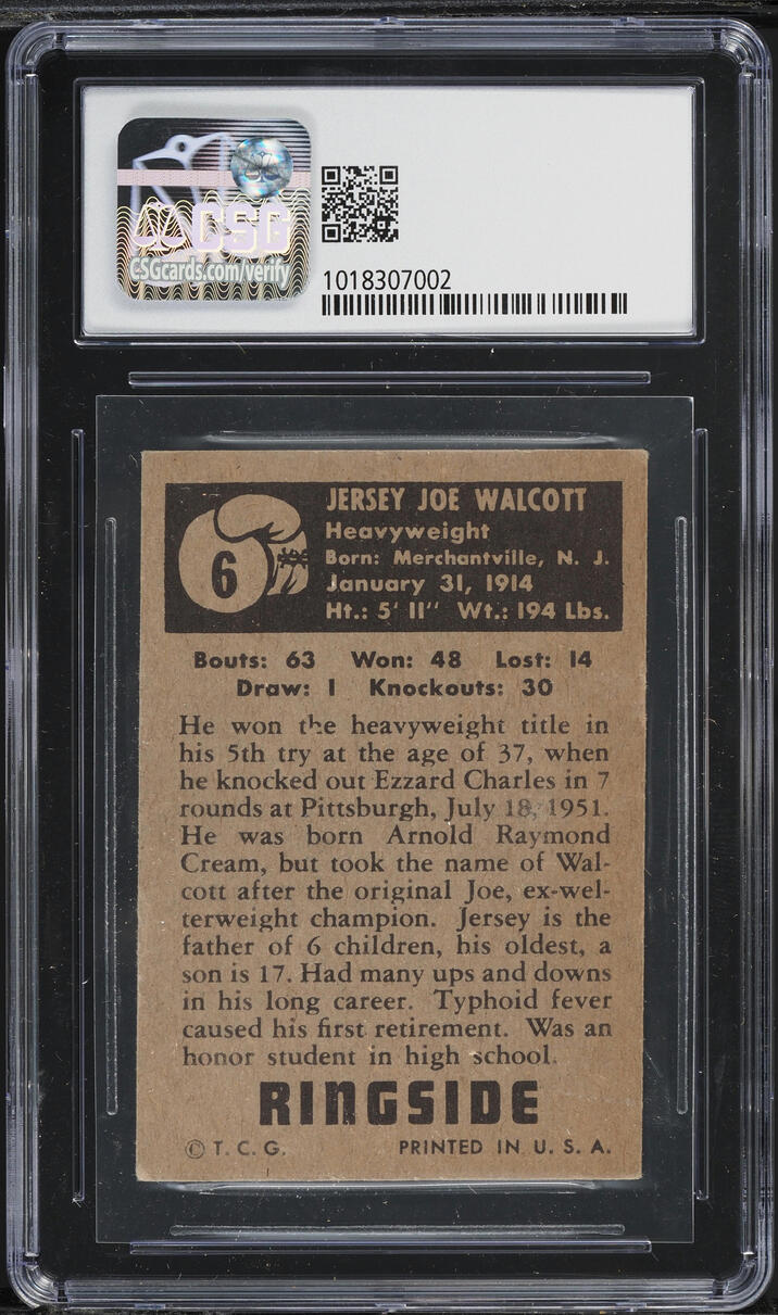 1951 Topps Ringside Boxing Jersey Joe Walcott #6 CSG 5 EX