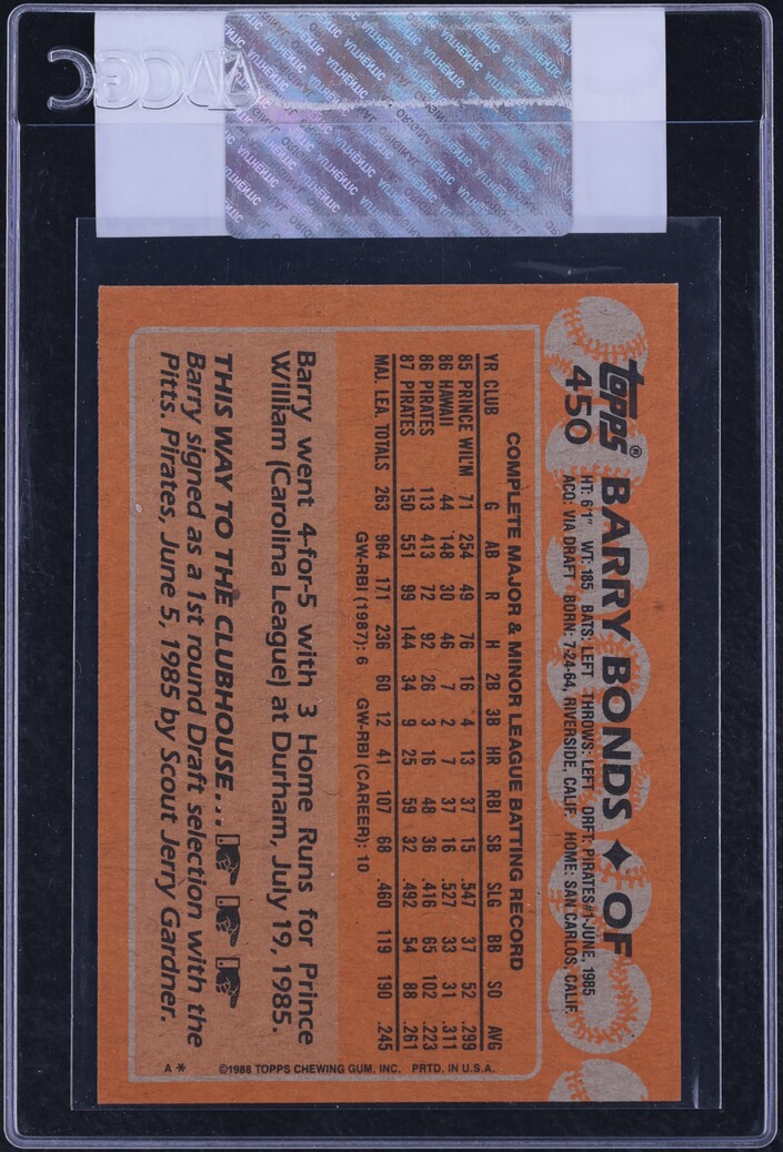 1988 Topps Barry Bonds #450 CGC AUTH