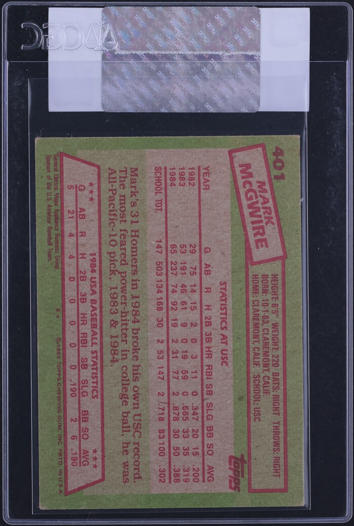 1985 Topps Mark McGwire ROOKIE q#401 CGC AUTH