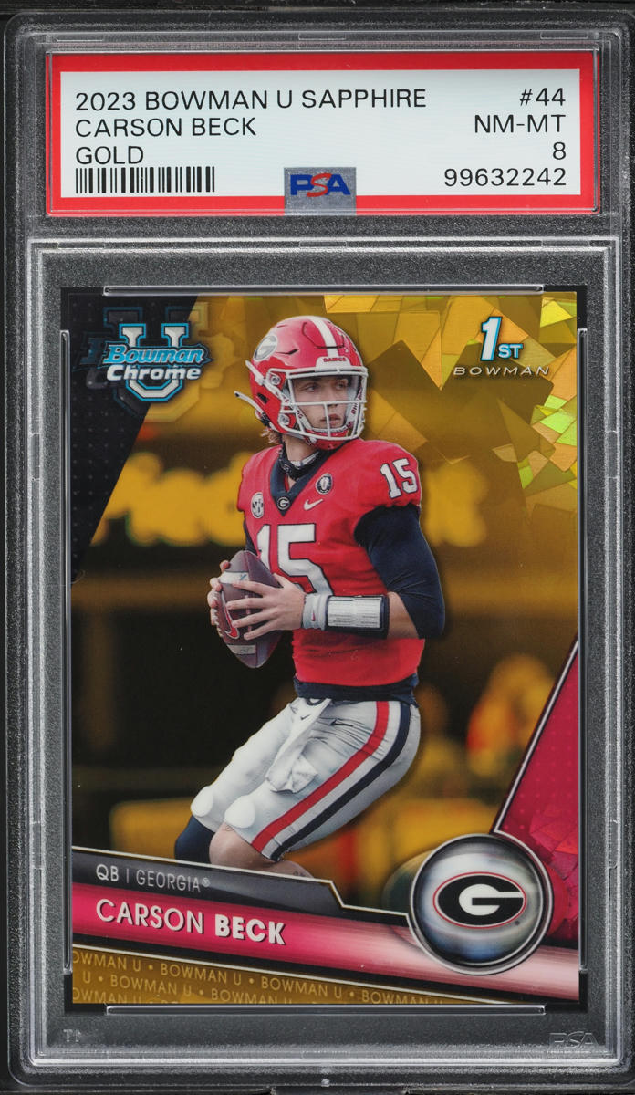 2023 Bowman University Chrome Sapphire Gold Carson Beck ROOKIE /50 #44 PSA 8