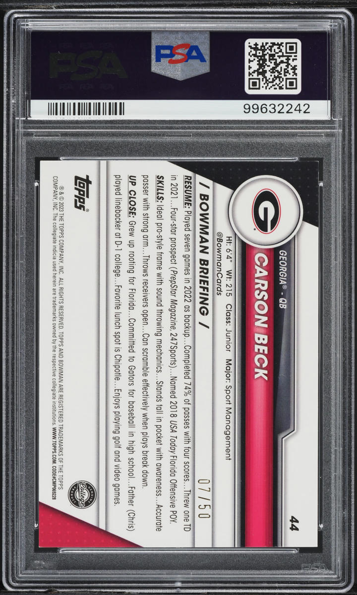 2023 Bowman University Chrome Sapphire Gold Carson Beck ROOKIE /50 #44 PSA 8