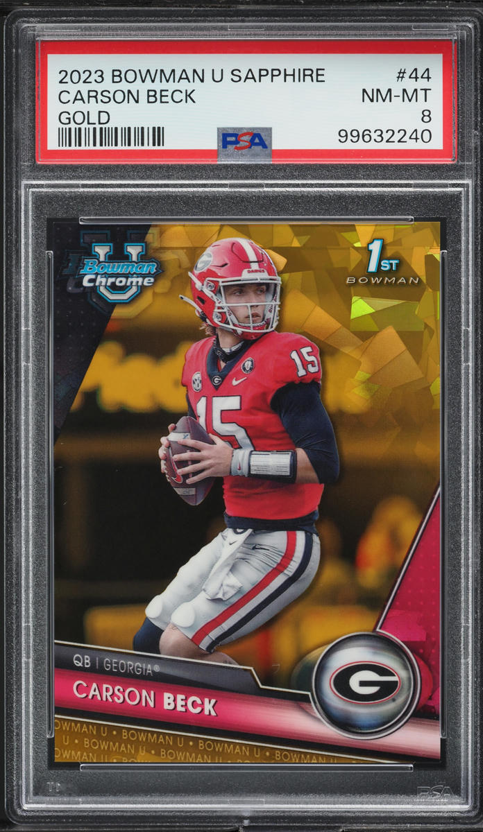 2023 Bowman University Chrome Sapphire Gold Carson Beck ROOKIE /50 #44 PSA 8