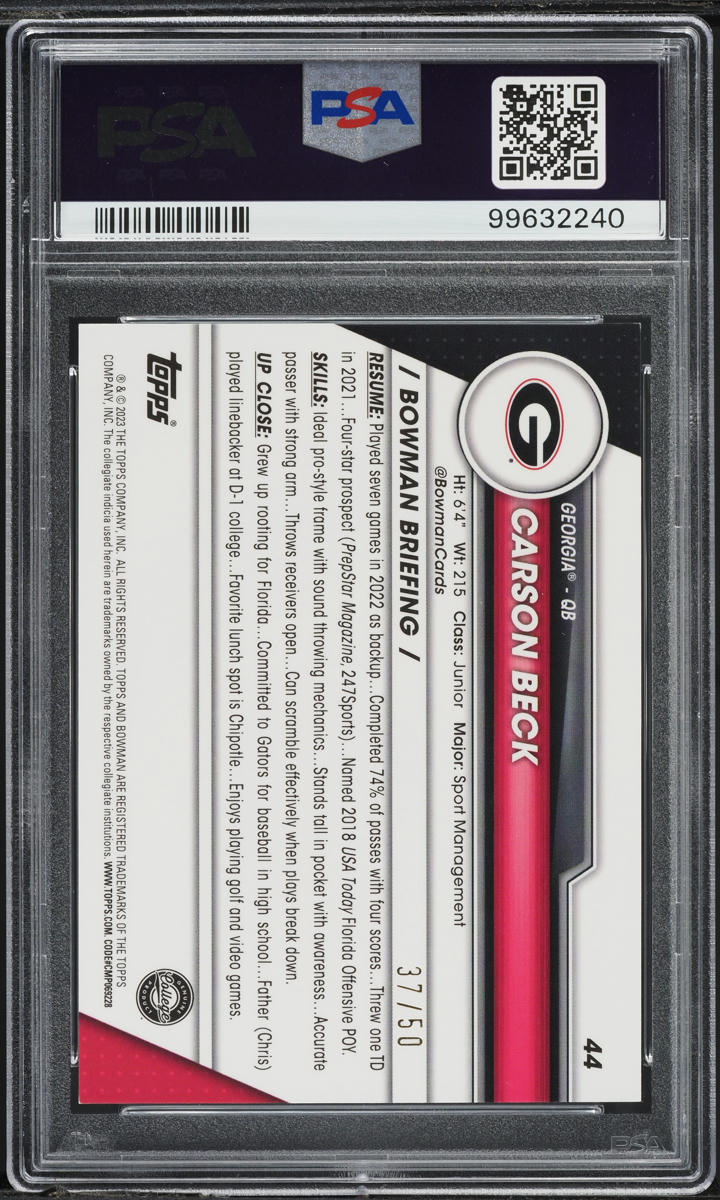 2023 Bowman University Chrome Sapphire Gold Carson Beck ROOKIE /50 #44 PSA 8