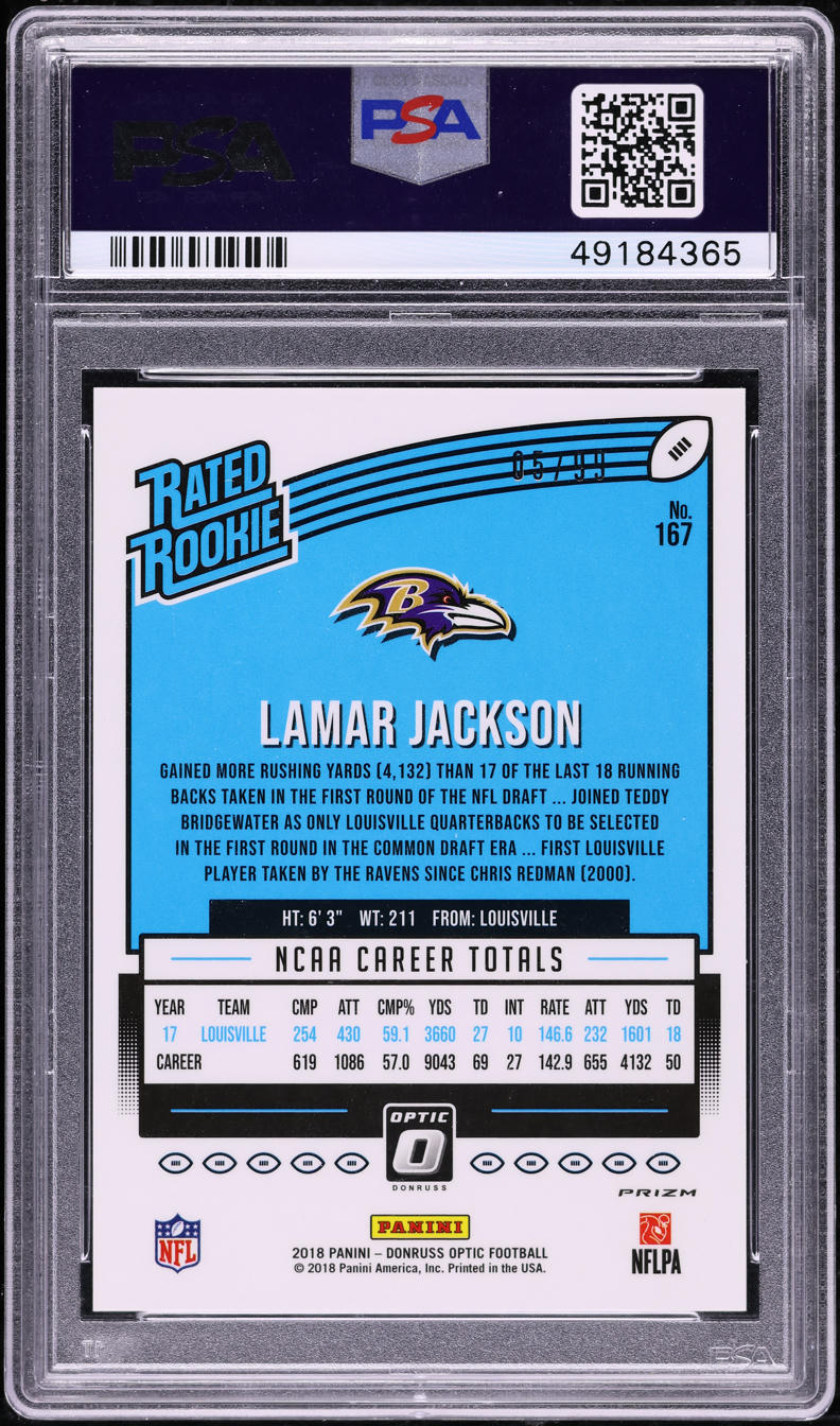 2018 Donruss Optic Red Lamar Jackson ROOKIE /99 #167 PSA 9 MINT