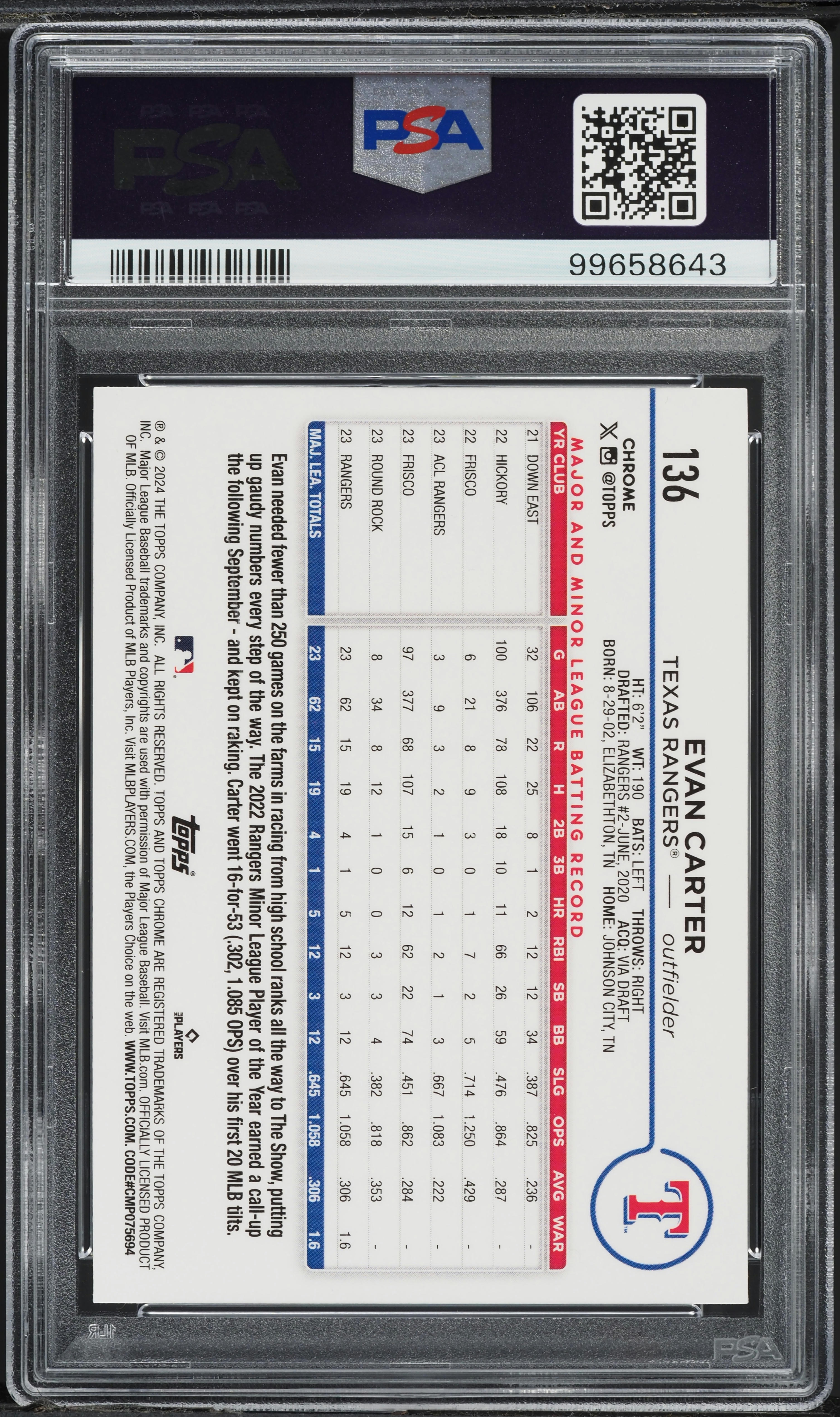 2024 Topps Chrome Gold Wave Evan Carter ROOKIE /50 #136 PSA 10 GEM