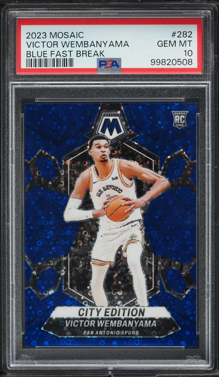 2023 Panini Mosaic Blue Fast Break City Edition Victor Wembanyama RC /85 PSA 10