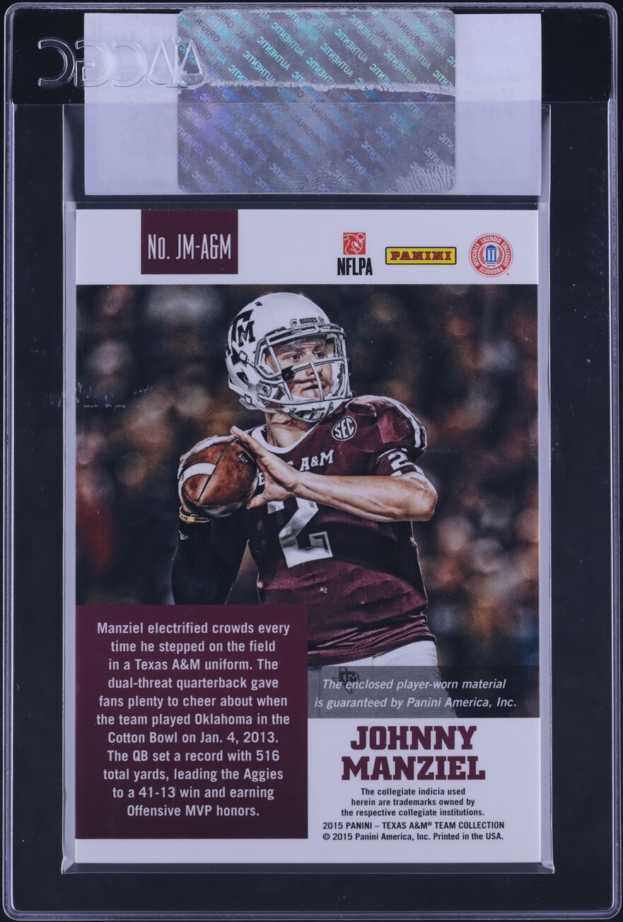 2015 Panini Texas A&M Aggies Johnny Manziel PATCH #JM-AGM CGC AUTH