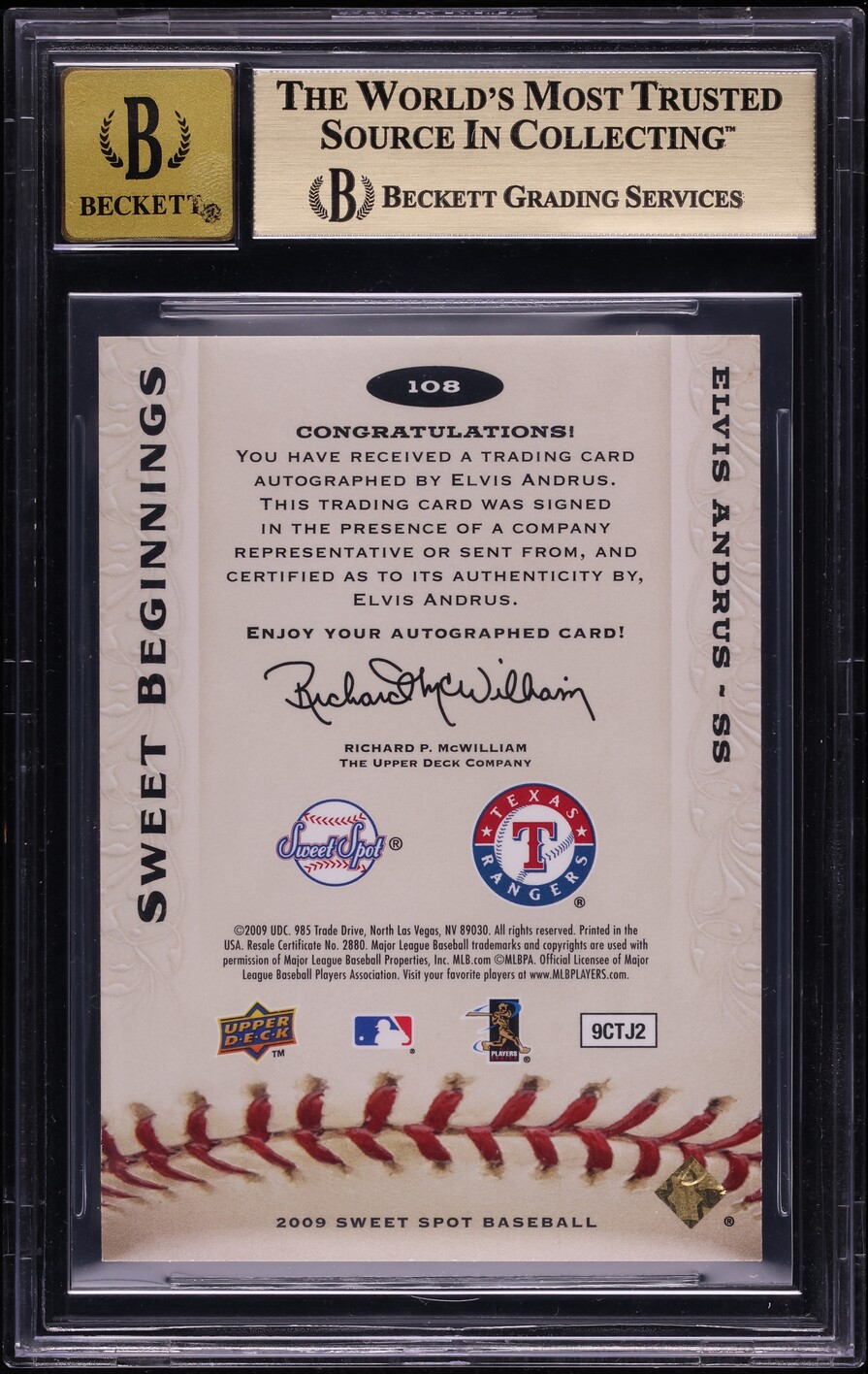 2009 Sweet Spot Elvis Andrus ROOKIE AUTO /350 #108 BGS 9.5 GEM MINT