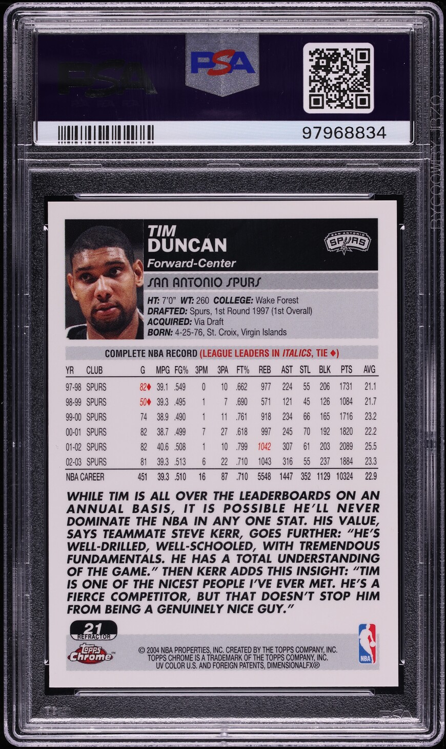 2003 Topps Chrome Refractor Tim Duncan #21 PSA 10 GEM MINT