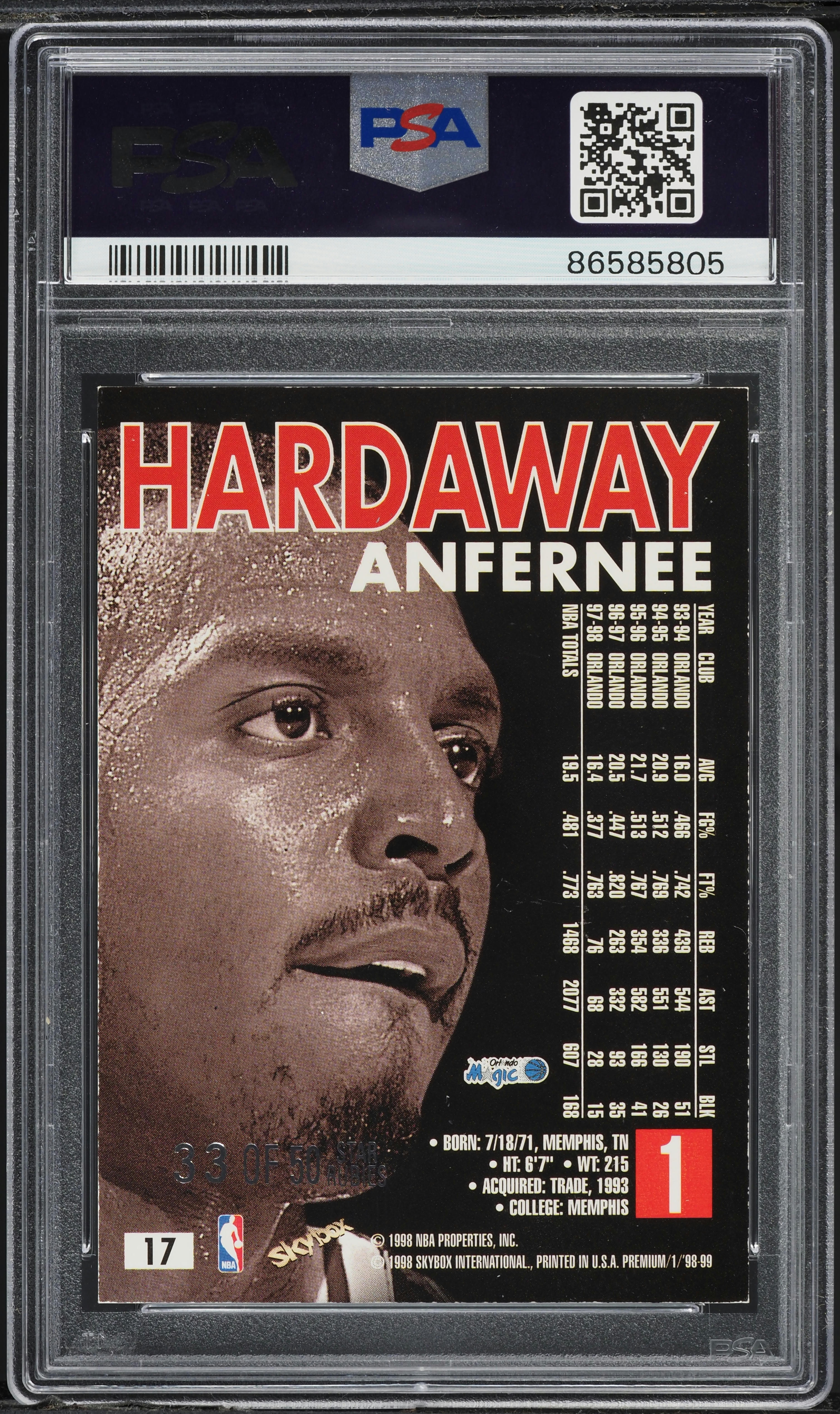 1998 Skybox Premium Star Rubies Anfernee Hardaway /50 #17 PSA 6
