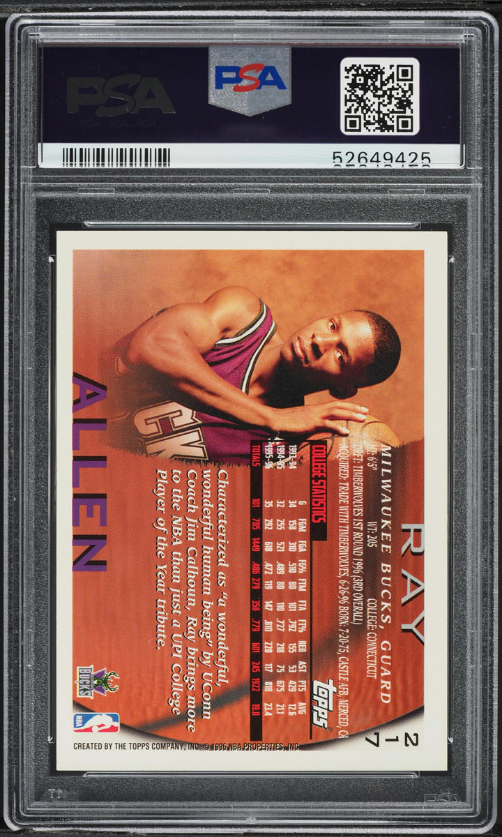 1996 Topps Basketball Ray Allen ROOKIE #217 PSA 9 MINT