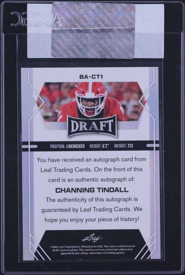 2022 Leaf Draft Channing Tindall ROOKIE AUTO #BA-CT1 CGC AUTH