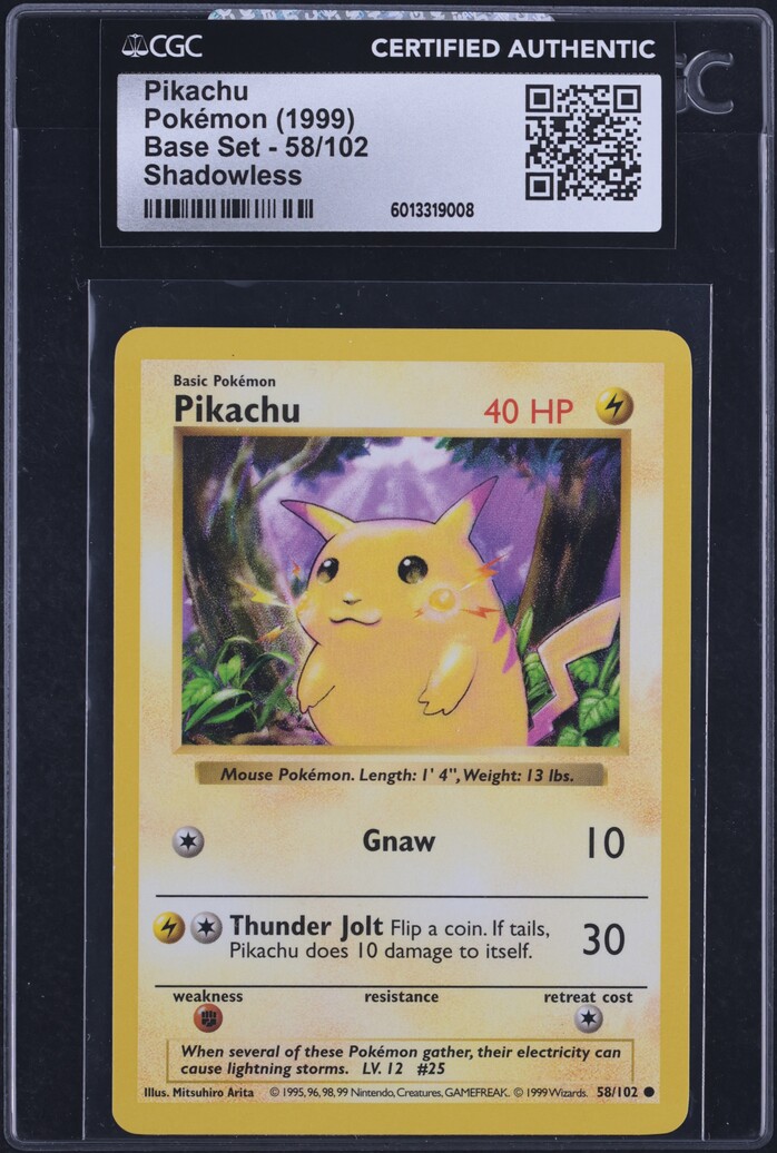 1999 Pokemon Base Set Shadowless Pikachu #58 CGC AUTH on Fanatics