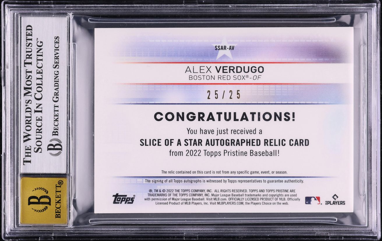 2022 Topps Pristine Slice Of A Star Orange Alex Verdugo PATCH AUTO 25/25 BGS 8.5
