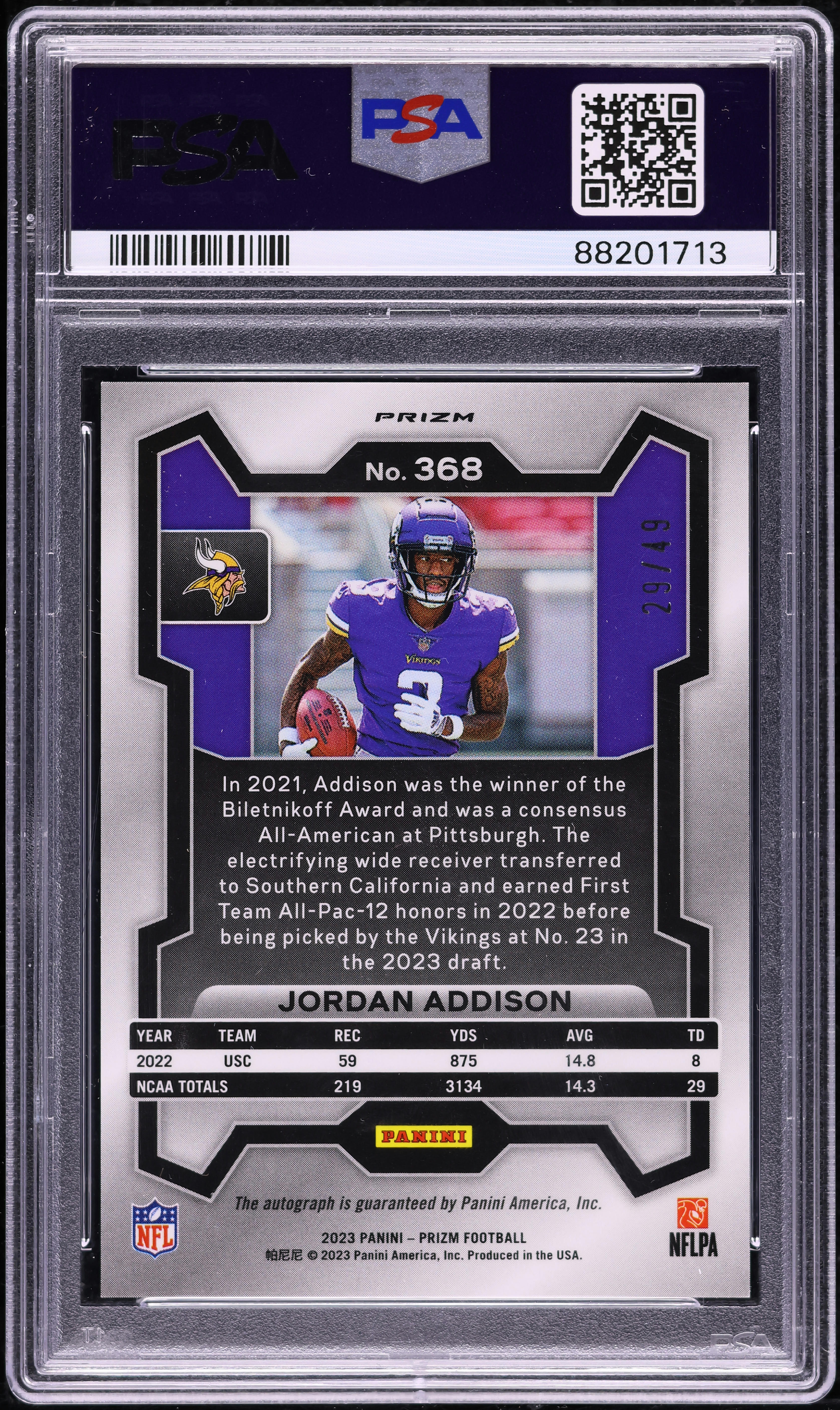 2023 Panini Prizm Purple Power Jordan Addison ROOKIE AUTO /49 #368