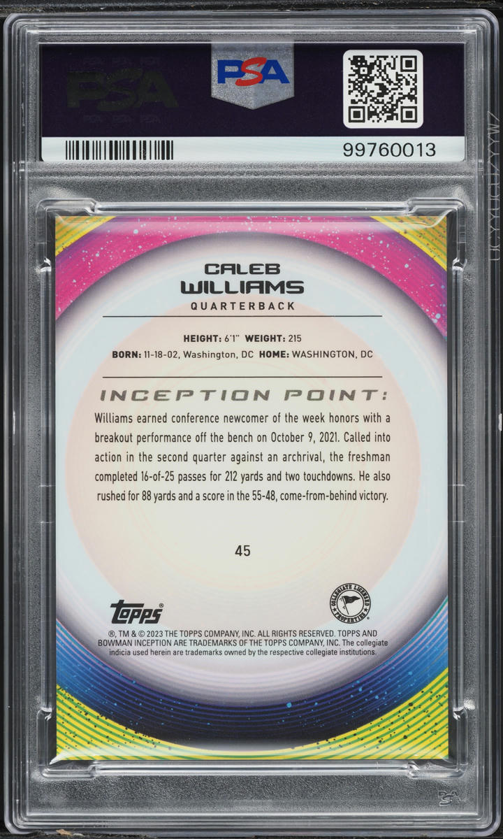 2022 Bowman University Inception Fuchsia Foil Caleb Williams ROOKIE /75 PSA 10