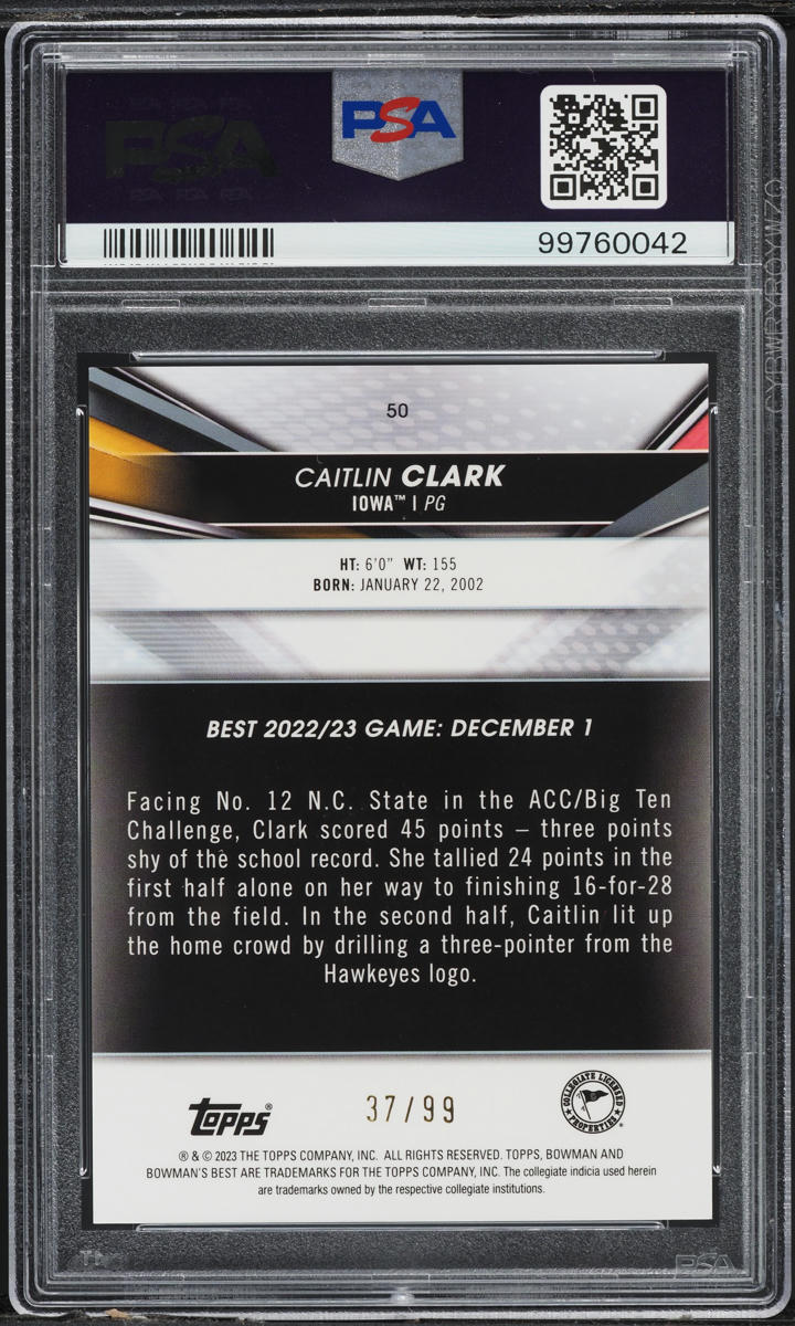 2022 Bowman University Best Green Refractor Caitlin Clark ROOKIE /99 PSA 10 GEM