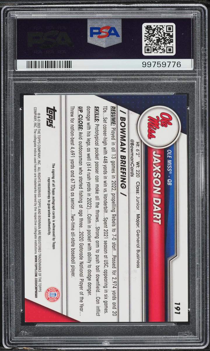 2023 Bowman Chrome University Jaxson Dart ROOKIE AUTO #191 PSA 9 MINT