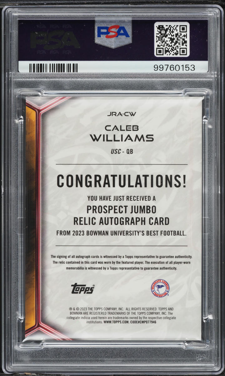 2023 Bowman University Best Caleb Williams ROOKIE PATCH AUTO #JRACW PSA 8 NM-MT