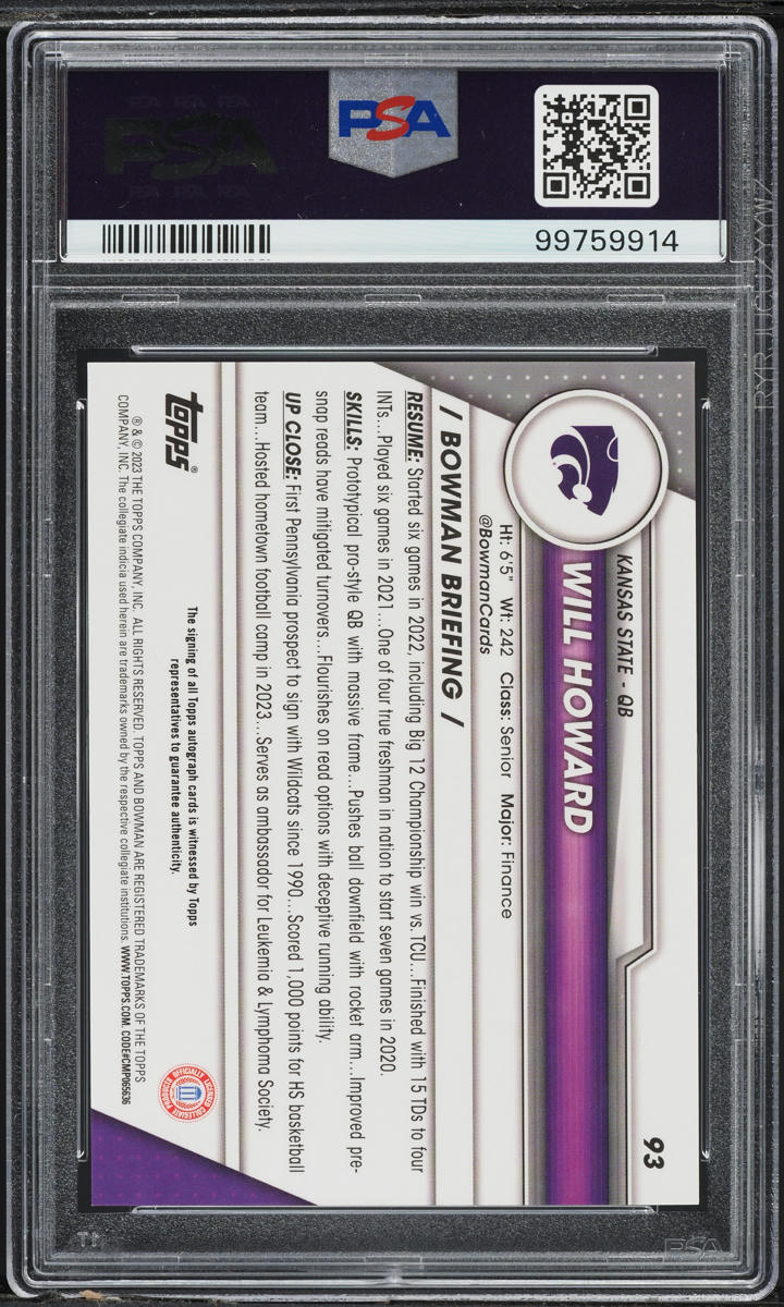 2023 Bowman Chrome University Will Howard ROOKIE AUTO #93 PSA 10 GEM MINT