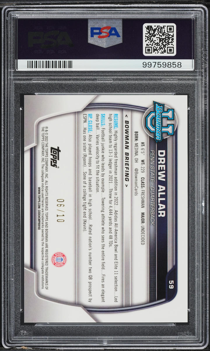 2022 Bowman Chrome U Red Shimmer Refractor Drew Allar ROOKIE /10 #59 PSA 9 MINT