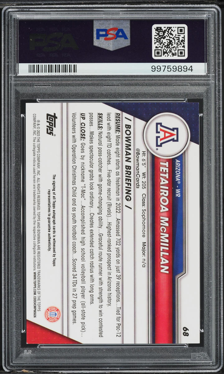 2023 Bowman Chrome University Tetairoa McMillan ROOKIE AUTO #68 PSA 9 MINT