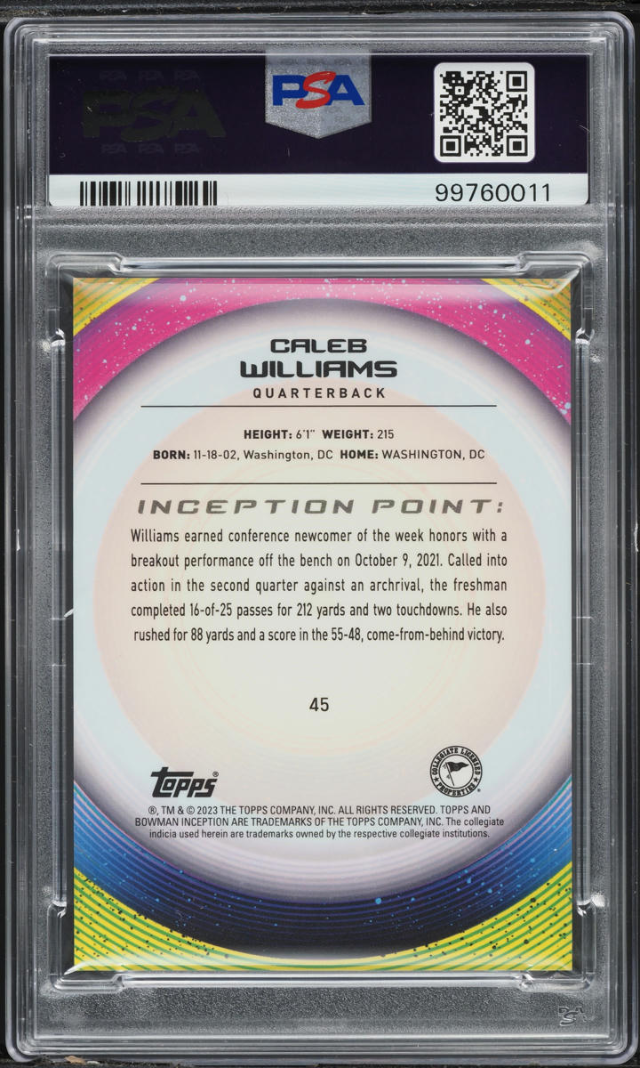 2022 Bowman University Inception Gold V2 Foil Caleb Williams ROOKIE /50 PSA 10