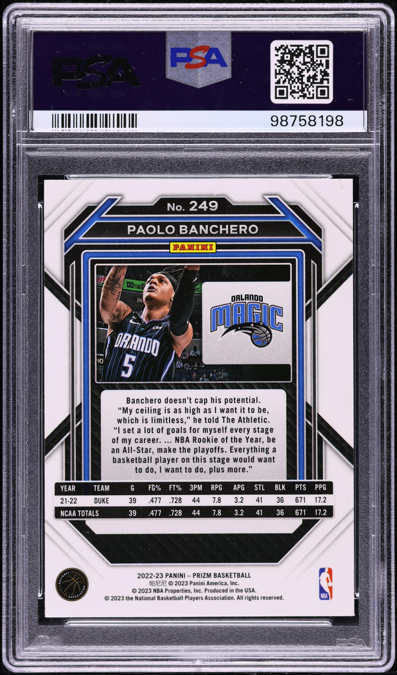 2022 Panini Prizm Paolo Banchero ROOKIE #249 PSA 8 NM-MT