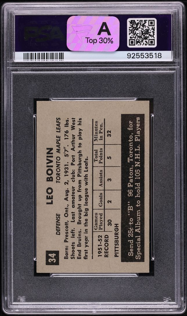 1952 Parkhurst Leo Boivin ROOKIE #34 PSA 8 NM-MT