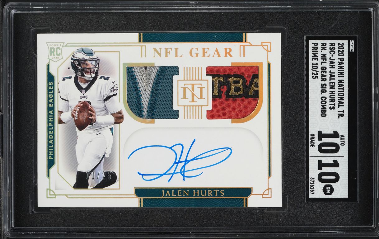 2020 National Treasures NFL Gear Jalen Hurts ROOKIE PATCH AUTO /25 SGC 10 GEM