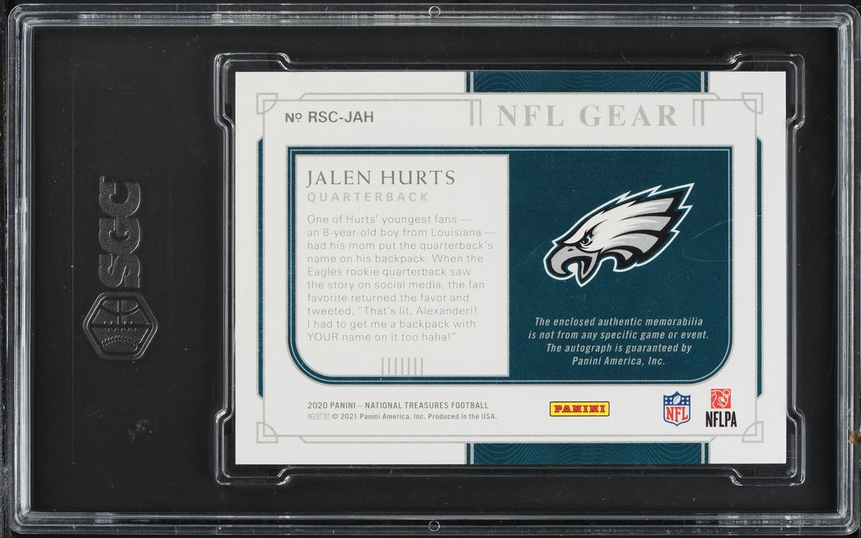 2020 National Treasures NFL Gear Jalen Hurts ROOKIE PATCH AUTO /25 SGC 10 GEM