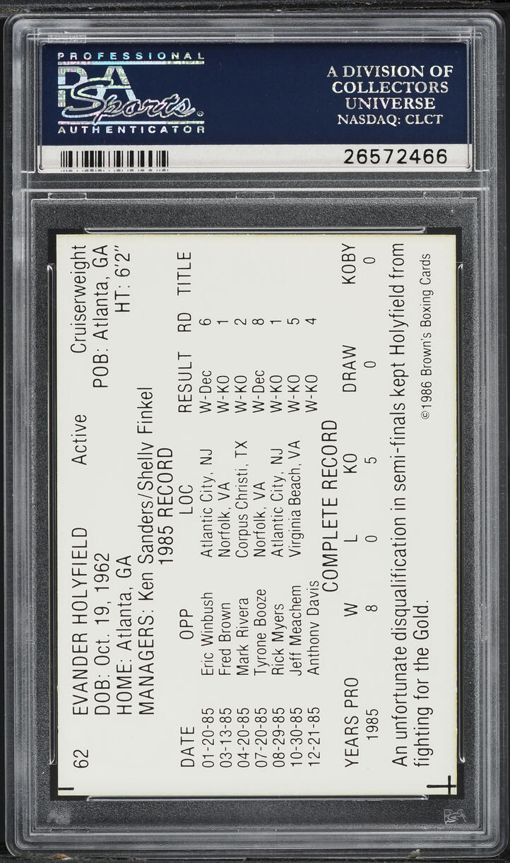 1986 Brown's Boxing Gold Border Evander Holyfield ROOKIE #62 PSA 7 NRMT