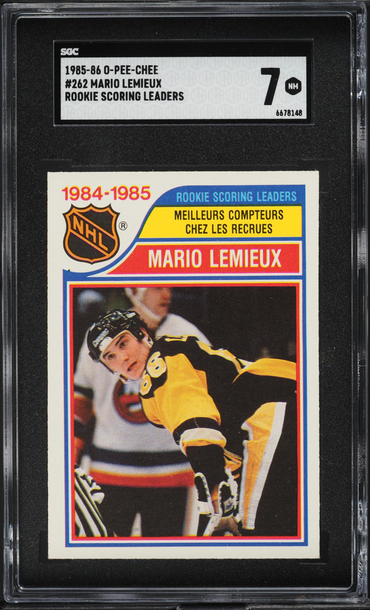 1985 O-Pee-Chee Hockey Mario Lemieux ROOKIE, SCORING LDRS #262 SGC 7 NRMT