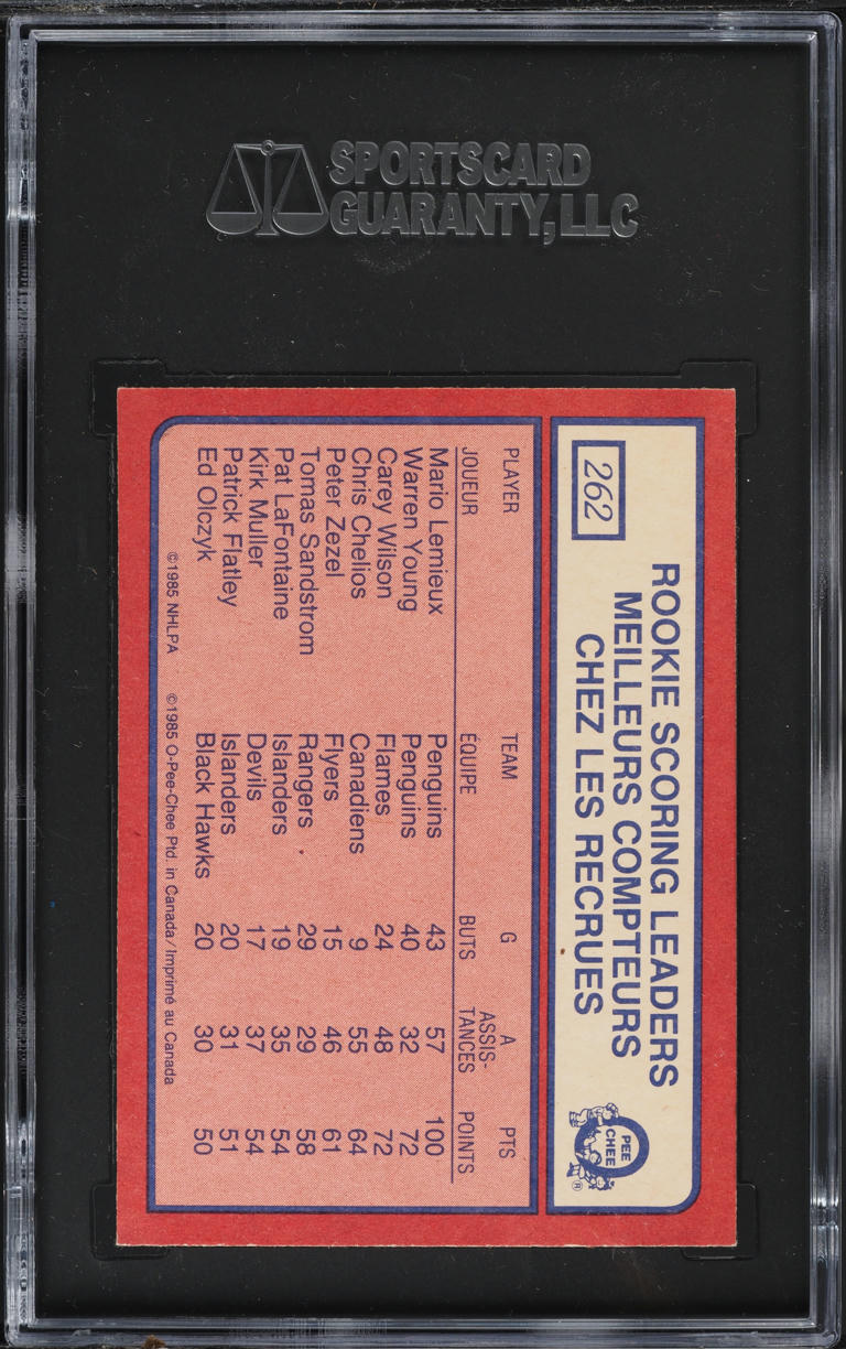 1985 O-Pee-Chee Hockey Mario Lemieux ROOKIE, SCORING LDRS #262 SGC 7 NRMT
