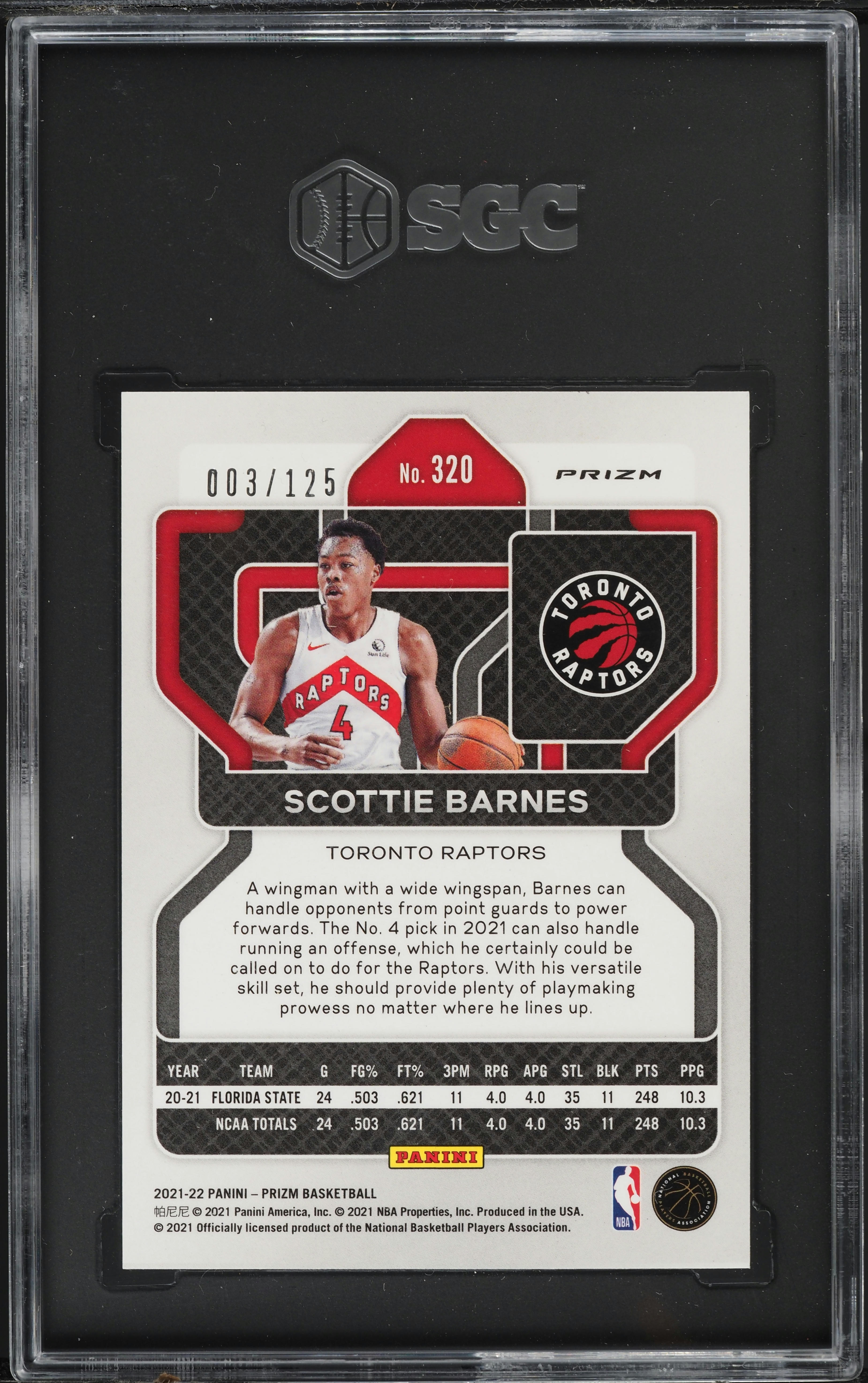 2021 Panini Prizm Blue Ice Scottie Barnes ROOKIE /125 #320 SGC 10