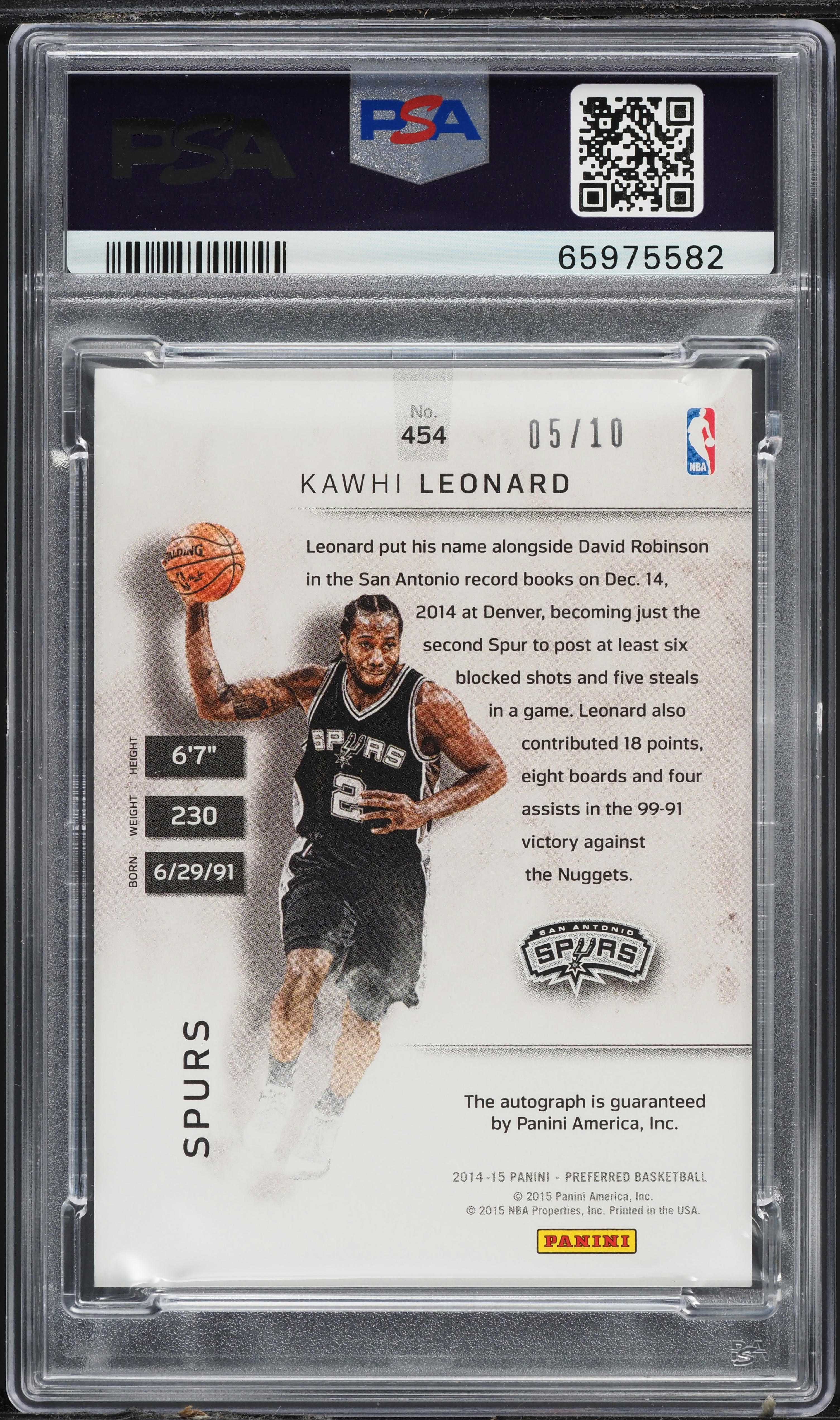 2014 Panini Preferred Gold Kawhi Leonard AUTO /10 #454 PSA 10 GEM