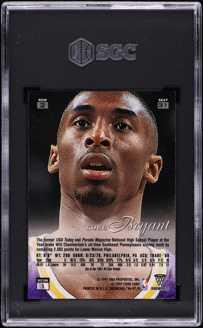 1996 Flair Showcase Row 2 Kobe Bryant ROOKIE #31 SGC 8.5 NM-MT+