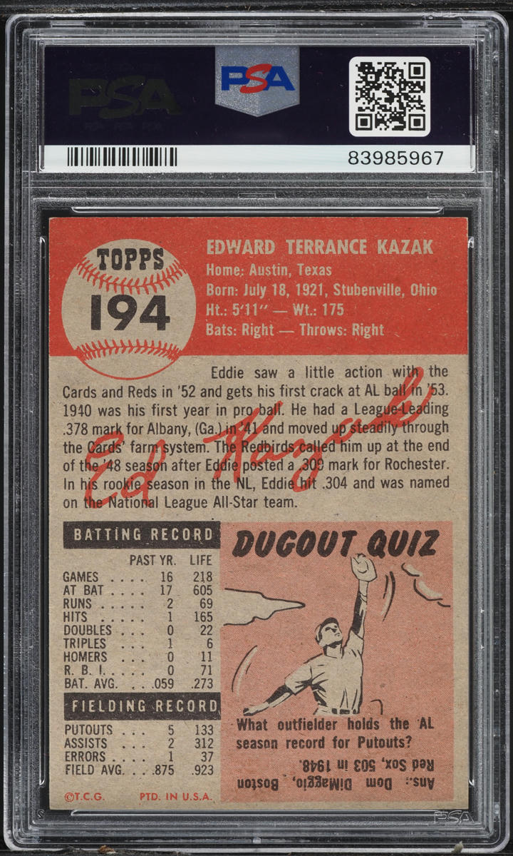 1953 Topps Eddie Kazak #194 PSA 6 EXMT
