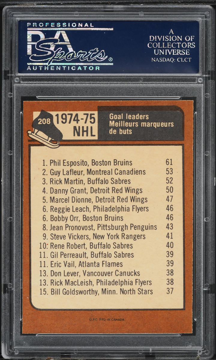 1975 O-Pee-Chee Hockey Phil Esposito Guy Lafleur Martin LDRS #208 PSA 9 MINT