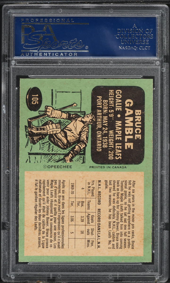 1970 O-Pee-Chee Hockey Bruce Gamble #105 PSA 8 NM-MT