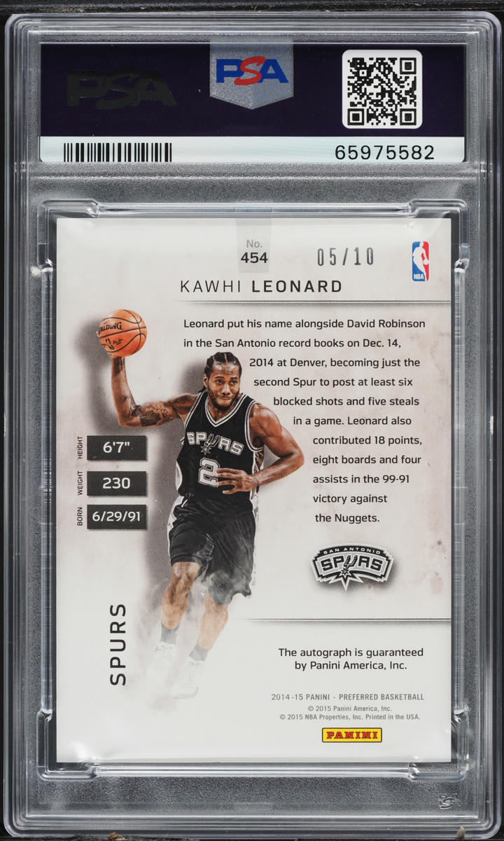 2014 Panini Preferred Gold Kawhi Leonard AUTO /10 #454 PSA 10 GEM MINT