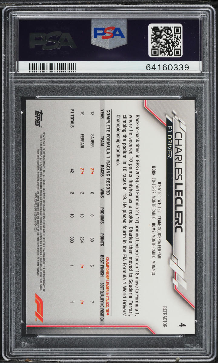 2020 Topps Chrome Formula 1 F1 Refractor Charles Leclerc #4 PSA 10 GEM MINT