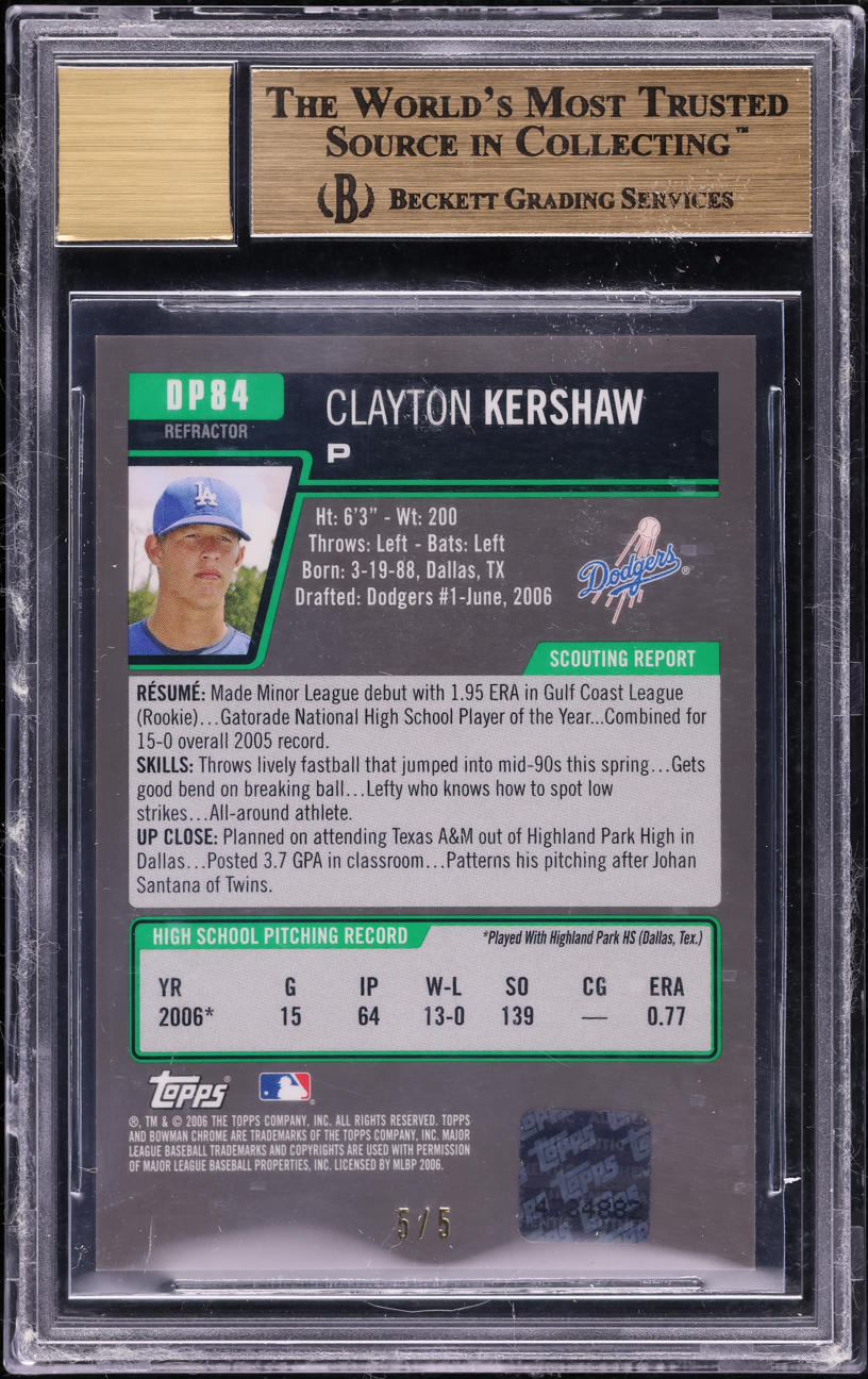 2006 Bowman Chrome DP Red Refractor Clayton Kershaw RC AUTO #84 BGS 10 PRISTINE