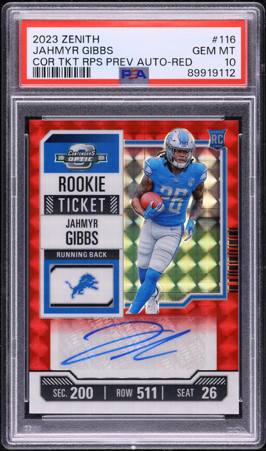 2023 Panini Zenith Contenders Optic Red Jahmyr Gibbs ROOKIE AUTO