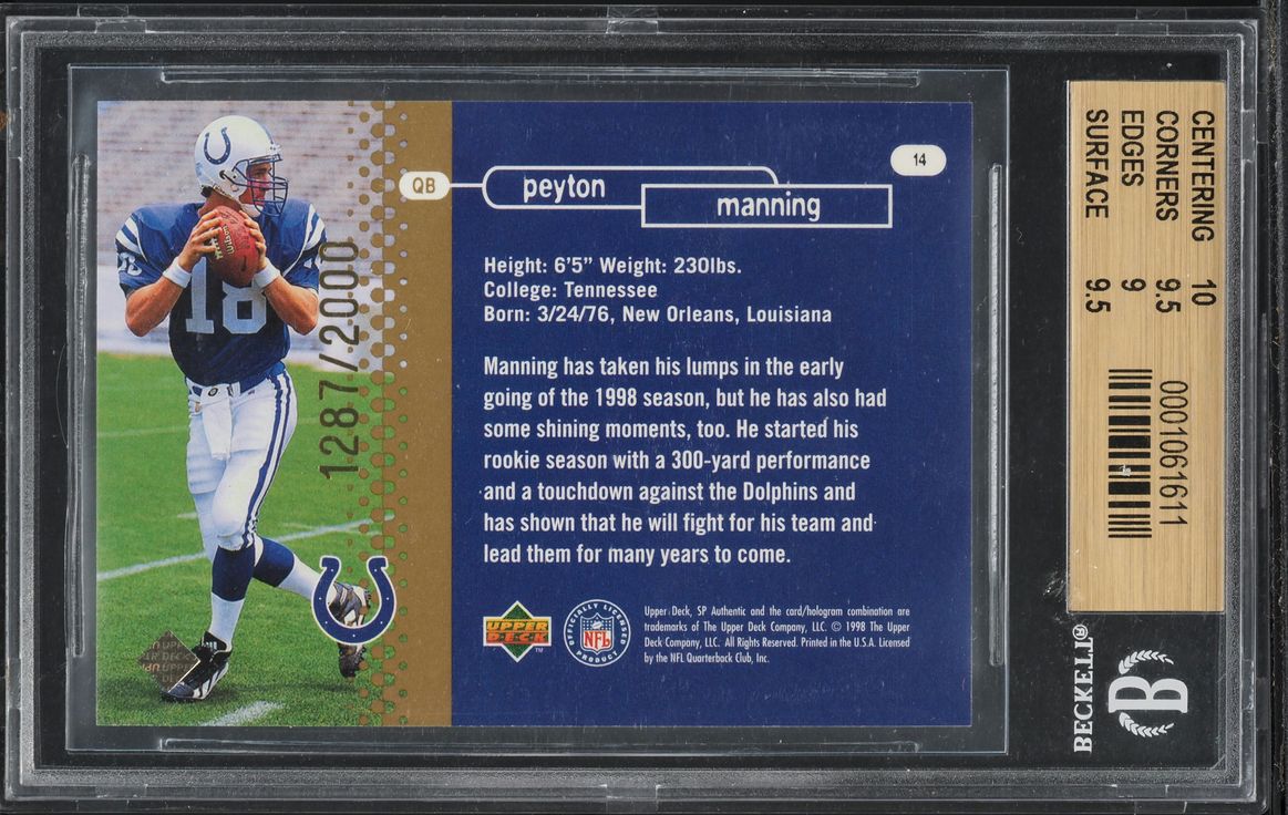 1998 SP Authentic Peyton Manning ROOKIE /2000 #14 BGS 9.5 GEM MINT