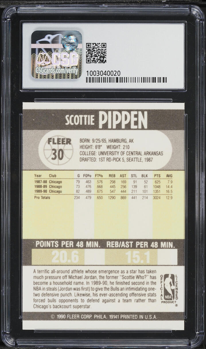 1990 Fleer Basketball Scottie Pippen #30 CSG 8.5 NM-MT+
