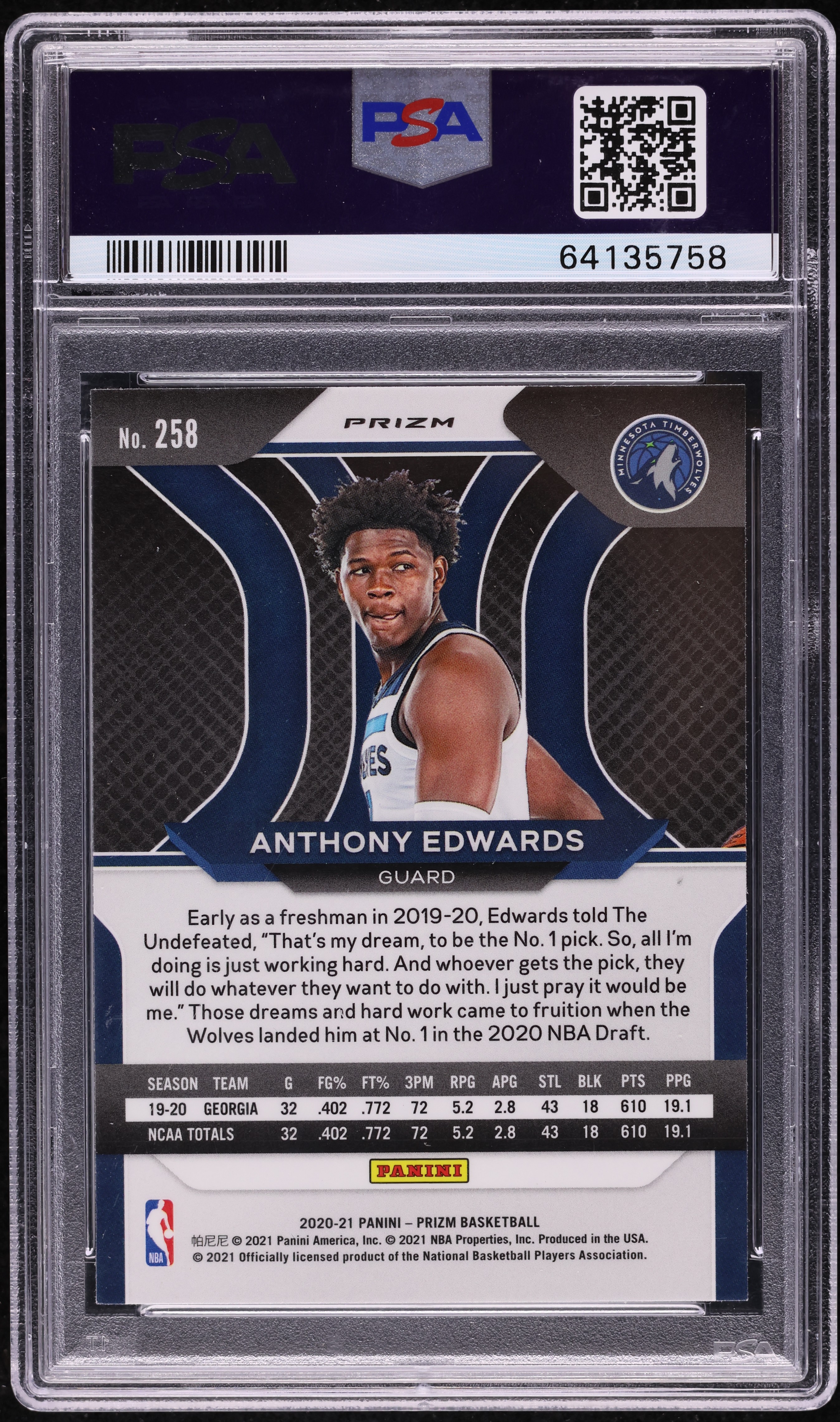 2020 Panini Prizm Orange Ice Anthony Edwards ROOKIE #258 PSA 10
