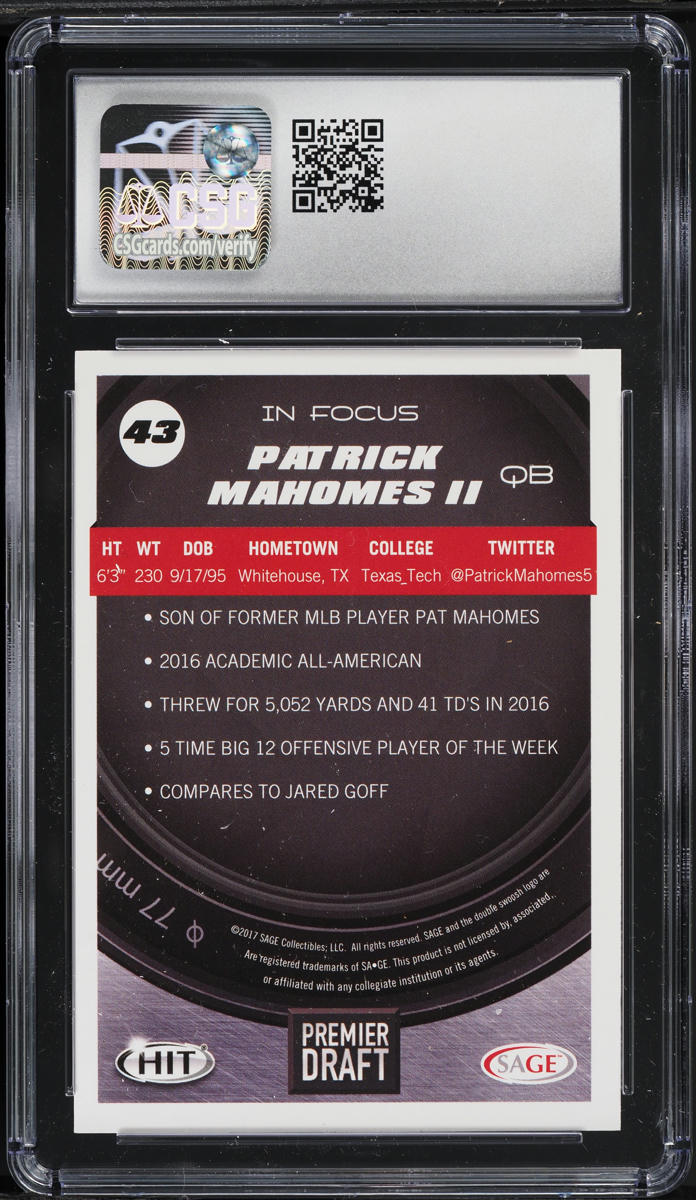 2017 Sage HIT Premier Draft Patrick Mahomes II ROOKIE #43 CSG 10 GEM MINT