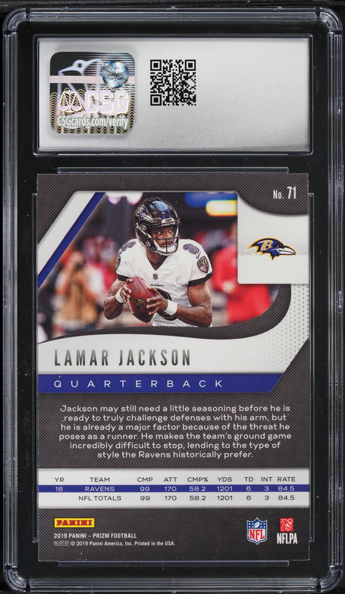 2019 Panini Prizm Lamar Jackson #71 CSG 8.5 NM-MT+